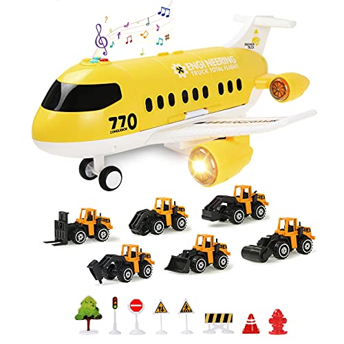 Jenilily Fahrzeuge Flugzeug Spielzeug Auto mit Verkehrsschilder Kleinkind Baufahrzeug Transporter Spielzeugautos Set Kinder Jungen ab 3 Jahre von Jenilily