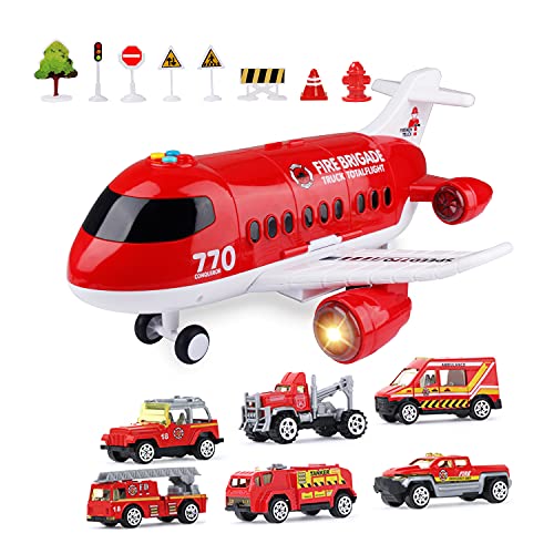 Jenilily Feuerwehr Flugzeug Spielzeug Auto mit Verkehrsschilder Kleinkind Transporter Spielzeugautos Set Kinder Jungen ab 3 Jahre von Jenilily