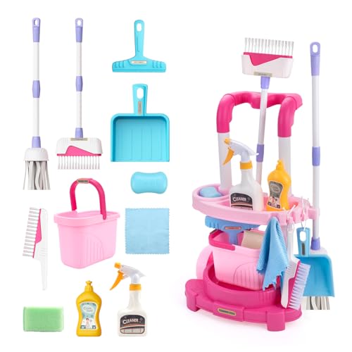 Jenilily Kinder Putzwagen ab 2 3 4 Jahre mit Wischmop, Eimer, Besen, Bürsten, Kehrschaufel, Handfeger, Reinigungswagen Set, Rollenspiel Haushaltsspielzeug, Cleaning Toy von Jenilily