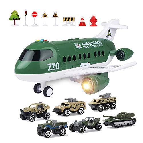 jenilily Militär-Frachtflugzeug mit Auto-Spielzeug-Set, Fahrzeuge, LKWs, Licht und Sound, Spielset für Kinder, Jungen, 3 4 5 Jahre alt von Jenilily