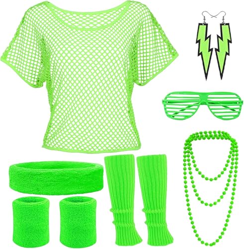 Jennytim 90er 80er Neon Party Outfit Disco Netzoberteil, Ohrringe, Halskette, Strumpfhosen, Armbänder & Retro Brille für Neon-Party, Kostümparty und 80er Jahre Themenfeier (Grün) von Jennytim
