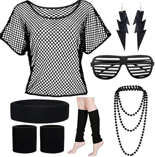 Jennytim 90er 80er Neon Party Outfit Disco Netzoberteil, Ohrringe, Halskette, Strumpfhosen, Armbänder & Retro Brille für Neon-Party, Kostümparty und 80er Jahre Themenfeier (Schwarz) von Jennytim