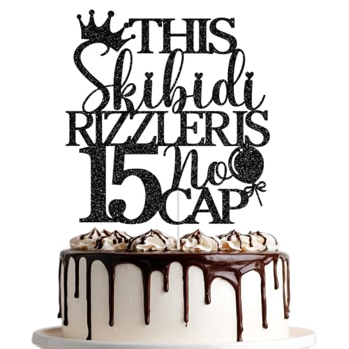 Dieser Skibidi Rizzler ist 15 ohne Kappe, Tortenaufsatz "Happy 15th Birthday", Party-Dekoration, schwarzer Glitzer von Jenrtvis