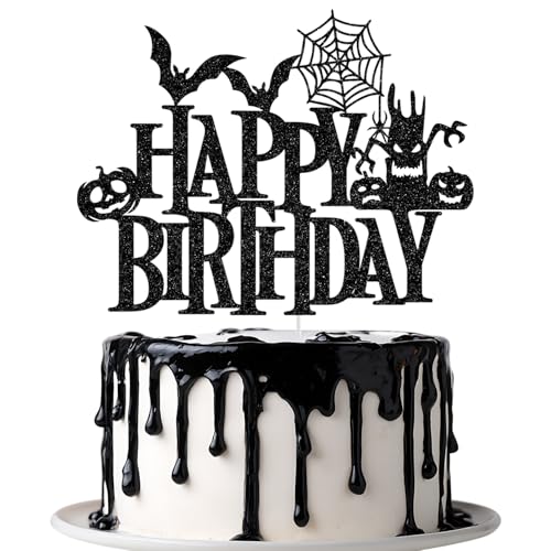 Halloween Happy Birthday Cake Topper, Halloween Themed Birthday Cake Decorations, Spooky Spider Bat Creepy Bday Party Decorations, Black Glitter von Jenrtvis