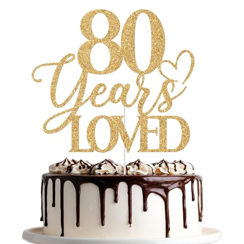 Tortenaufsatz mit Aufschrift "80 Years Loved", "Happy 80th Birthday", "Cheers to 80 Years", Party-Dekoration, goldfarbener Glitzer von Jenrtvis