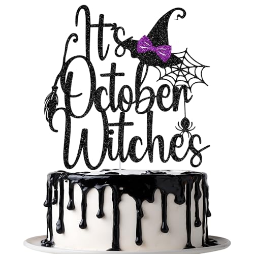 Tortenaufsatz mit Aufschrift "It's October Witches", Süßes oder Saures, Hexen-Geburtstagsparty-Dekoration, Hokuspokus, Halloween-Themen-Hexen-Party-Dekorationen, schwarzer Glitzer Tortenaufsatz mit Aufschrift "It's October Witches", Süßes oder Saures, Hexen-Geburtstagsparty-Dekoration, Hokuspokus, Halloween-Themen-Hexen-Party-Dekorationen, schwarzer Glitzer von Jenrtvis