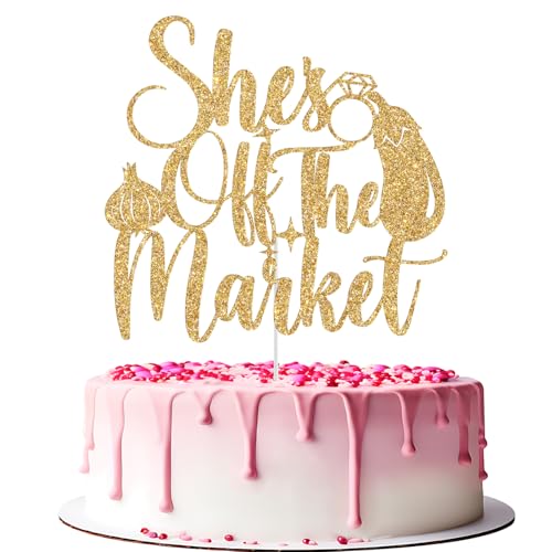 Tortenaufsatz mit Aufschrift "She's Off the Market", Brautparty-Dekoration, "She Found Her Lover", Bauernmarkt-Thema, Brautparty, Junggesellinnenabschied, goldfarbener Glitzer Tortenaufsatz mit Aufschrift "She's Off the Market", Brautparty-Dekoration, "She Found Her Lover", Bauernmarkt-Thema, Brautparty, Junggesellinnenabschied, goldfarbener Glitzer von Jenrtvis