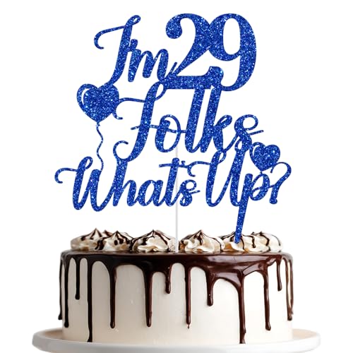 Tortenaufsatz mit der Aufschrift "I'm 29 Folks What's Up", "Happy 29th Birthday", Kuchendekoration, Cheers to 29 Years, Party-Dekorationen, blauer Glitzer Tortenaufsatz mit der Aufschrift "I'm 29 Folks What's Up", "Happy 29th Birthday", Kuchendekoration, Cheers to 29 Years, Party-Dekorationen, blauer Glitzer von Jenrtvis