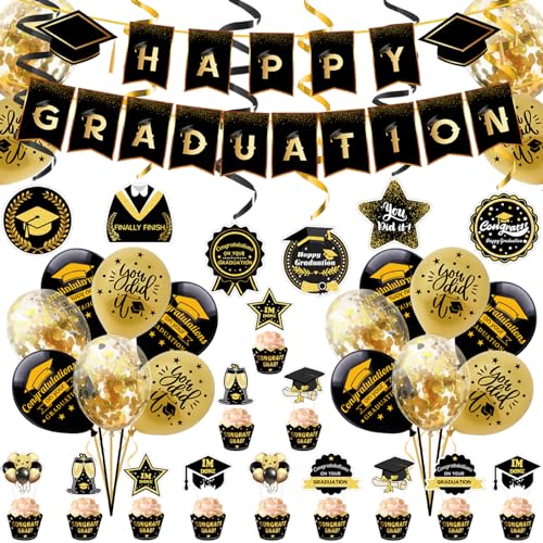 Abschlussdekorationen Klasse von 2024 1 Set Schwarz Gold Klasse von 2024 Dekorationen mit Bannerwirbeln Luftballons Topper -Karten -Abschlussdekorationen, Klasse von 2024 Dekorationen von Jeorywoet