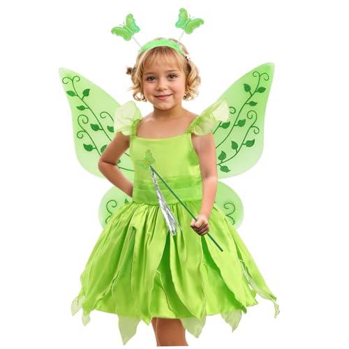 Feenkostüm für Mädchen 4PCS/Set Kids Girl Cosplay Green Fairy Kostüm mit Accessoires ausgefallene hautfreundliche Prinzessinkleider für Halloween, Geburtstag, Party, 47in, Prinzessinkleider für Mädch von Jeorywoet
