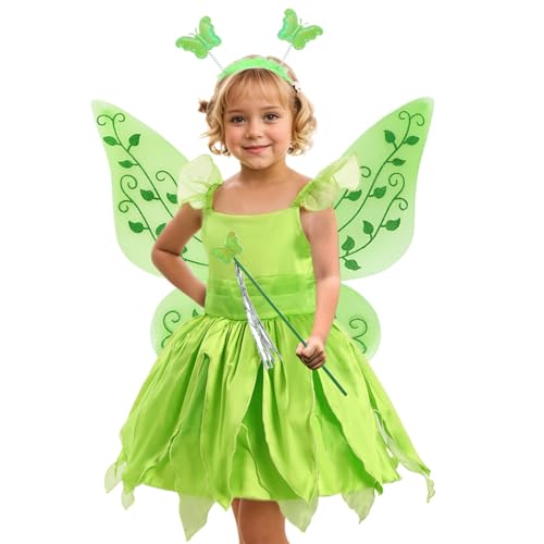 Feenkostüm für Mädchen 4PCS/Set Kids Girl Cosplay Green Fairy Kostüm mit Accessoires ausgefallene hautfreundliche Prinzessinkleider zum Geburtstag, Party, 51in, Feenkostüm für Mädchen von Jeorywoet