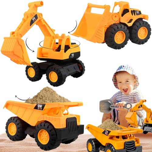 Jeorywoet 3PCS/Set Toy Cars Sturdy Smoothed Strand Sandspielzeug mit beweglichen Trägheitsteilen orangefarbene Bauwagen umfassen Bagger, Bulldozer, LKW-Geschenk (klein), Bauwagen von Jeorywoet
