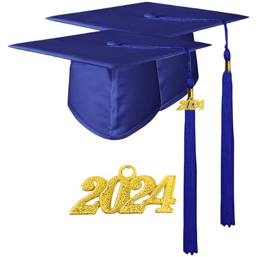 Jeorywoet Abschlusshut, Abschlusskappe 2PCS Abschlusshut Blue Graduation Cap mit Quasten ＆ 2024 Charm Matter Adult -Abschlusskappe für High School & Bachelor Master Abschlussdekoration von Jeorywoet