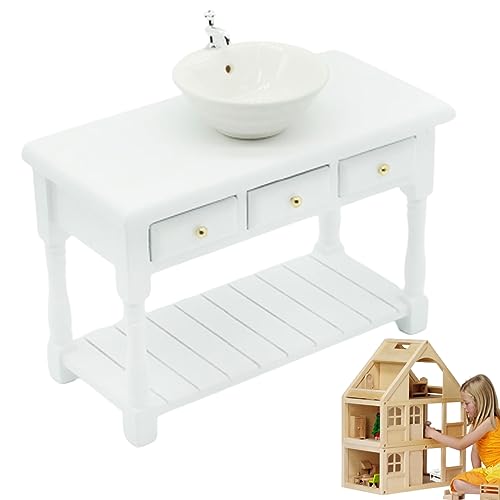 Jeorywoet Dollhouse Möbel 1:12 Runde Dollhouse Waschbecken mit Waschtisch Miniatur -Badezimmer Tisch Waschbecken Modell für Puppenhaus Weiß, Dollhouse Badezimmer von Jeorywoet