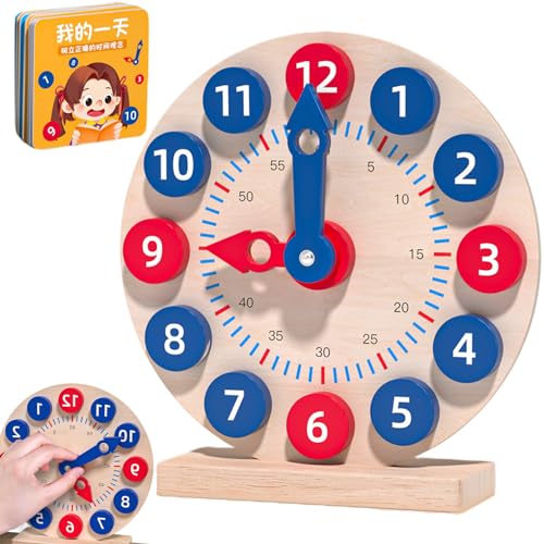 Jeorywoet Lernuhr für Kinder 1 Set Holzunterrichtsuhr mit 18 reversiblen Zeitkarten Lernen Sie, die Zeit zu erkennen von Jeorywoet