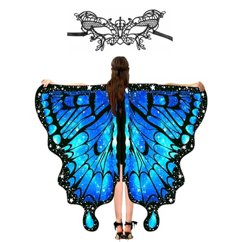 Jeorywoet Schmetterling Erwachsener Schmetterlingsschalkap mit Spitze Augenmaske Schmetterling Kostüme Kostüme für Halloween -Kostüme Blau von Jeorywoet