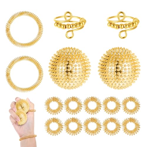 16 Stück Anti Stress Spielzeug Skills Set, 10 Akupressur Ring, 2 Massageringe für Finger, 2 Akupressur Armband, 2 Stress Spielzeug für Stressabbau Erwachsene und Massage(Gold) von Jeqqinuz