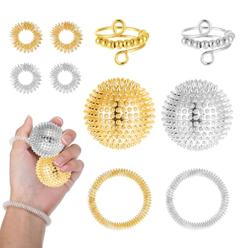 16 Stück Anti Stress Spielzeug Skills Set, 10 Akupressur Ring, 2 Massageringe für Finger, 2 Akupressur Armband, 2 Stress Spielzeug für Stressabbau Erwachsene und Massage(Gold Gemischt mit Silber) von Jeqqinuz