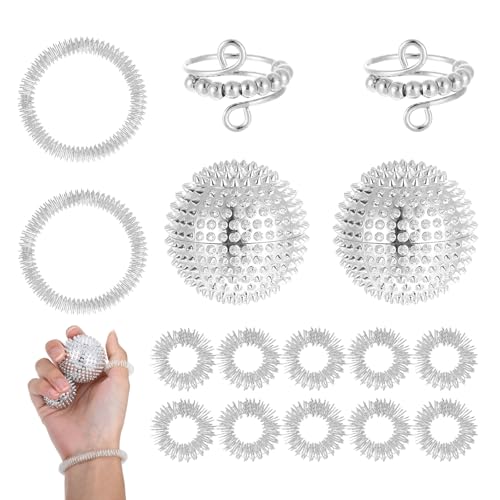16 Stück Anti Stress Spielzeug Skills Set, 10 Akupressur Ring, 2 Massageringe für Finger, 2 Akupressur Armband, 2 Stress Spielzeug für Stressabbau Erwachsene und Massage(Silber) von Jeqqinuz