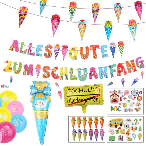 Einschulung Deko Schulkind 2025 Mädchen, Schultüte Jungen Banner Rechenkette + Zuckertüte Luftballons + 15 Luftballon +Folienballon Zuckertüten + 3 Aufkleber, Schulanfang(Blau) von Jeqqinuz