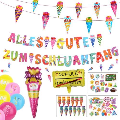 Einschulung Deko Schulkind 2025 Mädchen, Schultüte Jungen Banner Rechenkette + Zuckertüte Luftballons + 15 Luftballon +Folienballon Zuckertüten + 3 Aufkleber, Schulanfang(Rosa) von Jeqqinuz