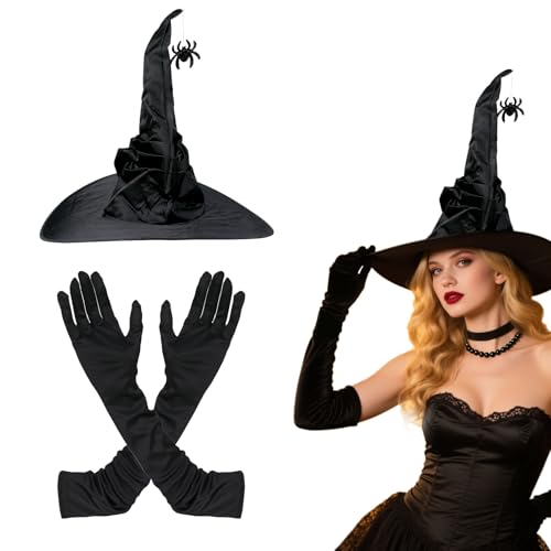 Jeqqinuz Hexenhut HexenkostüM Damen, Halloween KostüM Damen Hexe Black Witch HexenhüTe Halloween Hut Faltbarer, mit 45cm Stretchhandschuhe für Karneval, Kostümpartys Fasching Mottoparty von Jeqqinuz