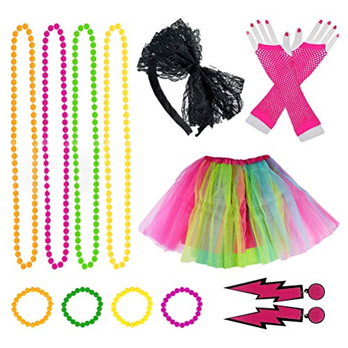 jerbro 80er-Jahre-Kostüme für Damen und Mädchen, 80er-Jahre-Damenkleider Neon mit Tutu-Röcken, Ohrringen, Stirnband, Netzhandschuhen, Halskette, Perlen, Partyzubehör, Kostüm-Set jerbro 80er-Jahre-Kostüme für Damen und Mädchen, 80er-Jahre-Damenkleider Neon mit Tutu-Röcken, Ohrringen, Stirnband, Netzhandschuhen, Halskette, Perlen, Partyzubehör, Kostüm-Set von Jerbro