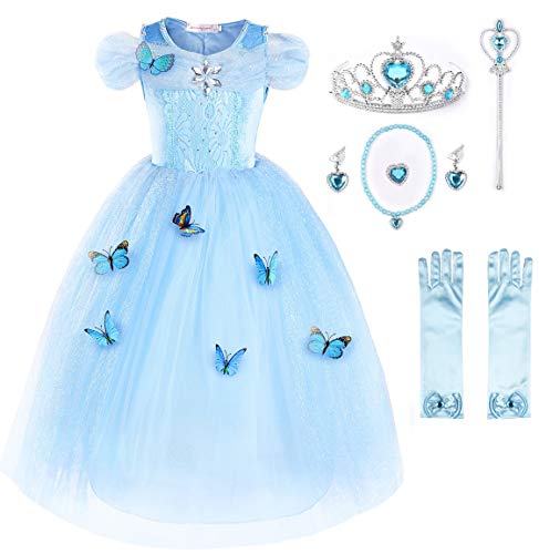 JerrisApparel Aschenputtel Kleid Prinzessin Kostüm Schmetterling Mädchen (110, Himmel Blau mit Zubehör) von JerrisApparel