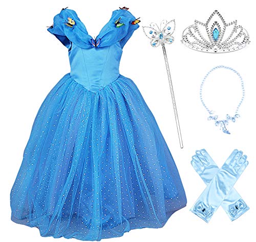 JerrisApparel Aschenputtel Kleid Prinzessin Kostüm Schmetterling Mädchen (120, Blau mit Zubehör) von JerrisApparel