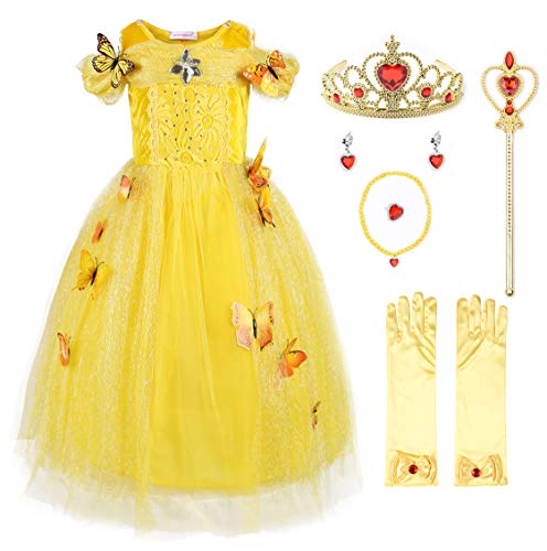 JerrisApparel Aschenputtel Kleid Prinzessin Kostüm Schmetterling Mädchen (140, Gelb mit Zubehör) von JerrisApparel