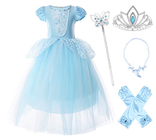 JerrisApparel Aschenputtel Kleid Tüll Prinzessin Kostüm Verkleidung Mädchen (6 Jahre, Etikette Gr:130, Blau mit Zubehör) von JerrisApparel