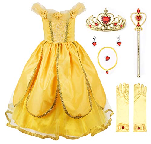 JerrisApparel Belle Kleider Kostüm Party Schick Ankleiden für Prinzessin Mädchen, Gelb 1 mit Zubehör, 6 Jahre (Herstellergröße: 130) von JerrisApparel