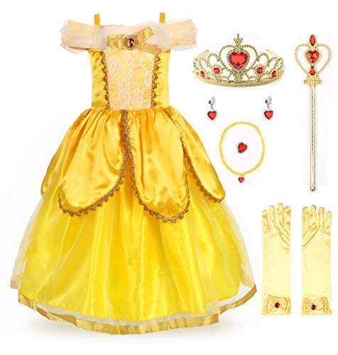 JerrisApparel Belle Kleider Kostüm Party Schick Ankleiden für Prinzessin Mädchen, Gelb 2 mit Zubehör, 8 Jahre (Herstellergröße:150) von JerrisApparel