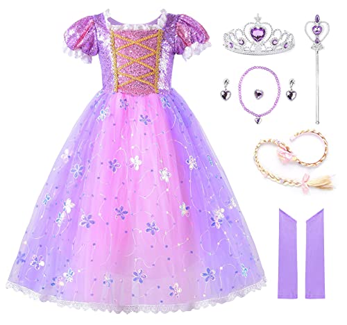 JerrisApparel Blume Prinzessin Festlich Kleid Mädchen Pailletten Party Kostüm (3 Jahre, Violett mit Zubehör) von JerrisApparel