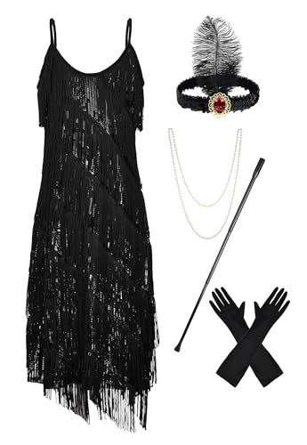 JerrisApparel Damen 1925er Jahre Fransen Flapper Kostüm Quaste Latin Dance Party Kleid (2XL, Schwarz) von JerrisApparel