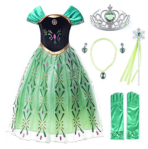JerrisApparel Grün Prinzessin Anna Kostüm Mädchen Halloween Karneval Verkleidung (100, Grün mit Zubehör) von JerrisApparel