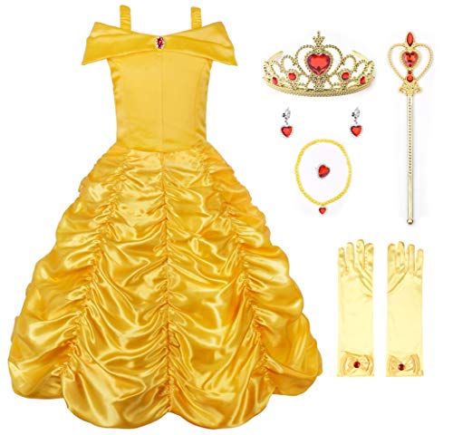 JerrisApparel Mädchen Belle Kostüm Prinzessin Kleid Schulterfrei Karneval Kostüm (Etikett 130, Gelb mit Zubehör) von JerrisApparel