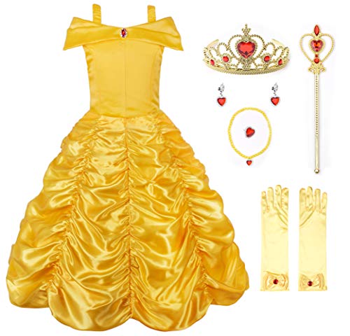 JerrisApparel Mädchen Belle Kostüm Prinzessin Kleid Drop Shoulder Cosplay Kostüm (8-9 Jahren, Gelb mit Zubehör) von JerrisApparel