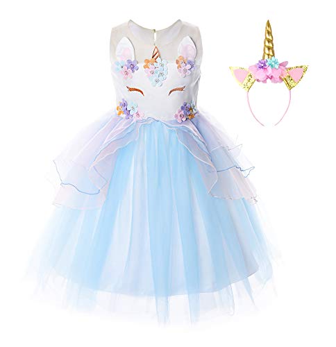 JerrisApparel Mädchen Einhorn Blume Kostüm Hochzeit Party Prinzessin Kleid (110, Blau) von JerrisApparel