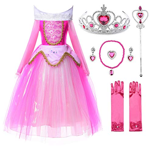 JerrisApparel Mädchen Prinzessin Aurora Kostüm Dornröschen Kleid (Rose mit Zubehör, 6 Jahre) von JerrisApparel