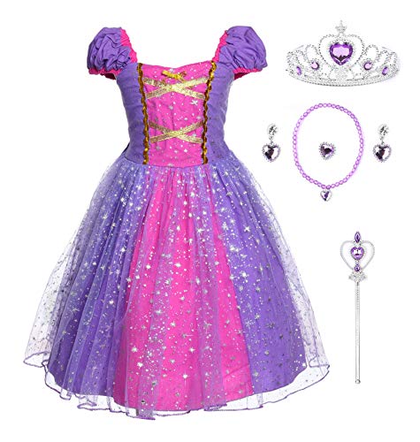 JerrisApparel Mädchen Prinzessin Kostüm Elastische Taille Kleid zum Geburtstag (110cm (4 Jahre), Violett mit Zubehör) von JerrisApparel