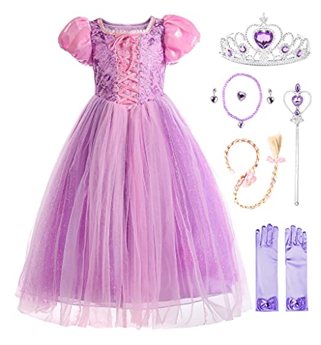 JerrisApparel Mädchen Prinzessin Kostüm Tüll Festzug Geburtstag Party Kleid Halloween Cosplay Dress up (Lila mit Zubehör, 3T) von JerrisApparel
