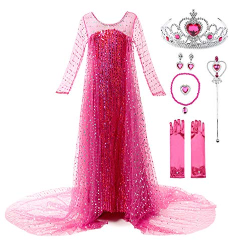 JerrisApparel Mädchen Prinzessin Pailletten ELSA Kostüm Kleid Festzüge Party Ankleiden (150, Rosa mit Zubehör) von JerrisApparel