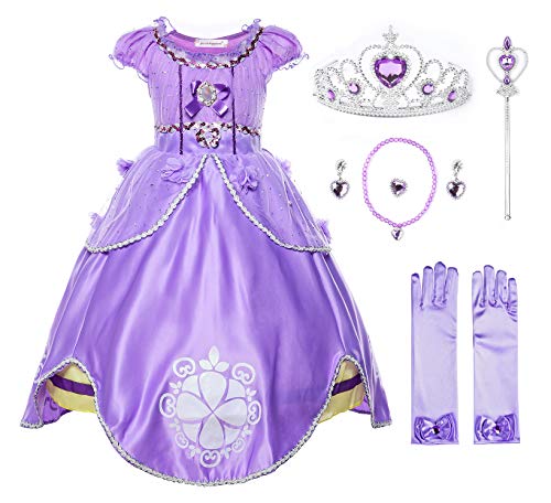JerrisApparel Mädchen Prinzessin Sofia Kostüm Kleid Geburtstag Party Ankleiden (110, Violett mit Zubehör) von JerrisApparel