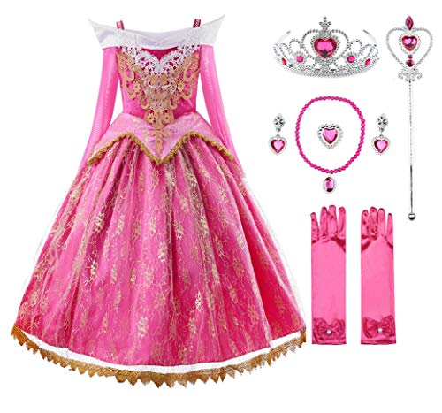 JerrisApparel Mädchen Prinzessin Spitze Kleid Rosa Schulterfrei Party Kostüm Verkleidung (8-9 Jahre, Rosa Mit Zubehör) von JerrisApparel