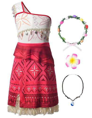 JerrisApparel Vaiana Kleid Mädchen Prinzessin Karneval Halloween Verkleidung (140cm, Rot) von JerrisApparel