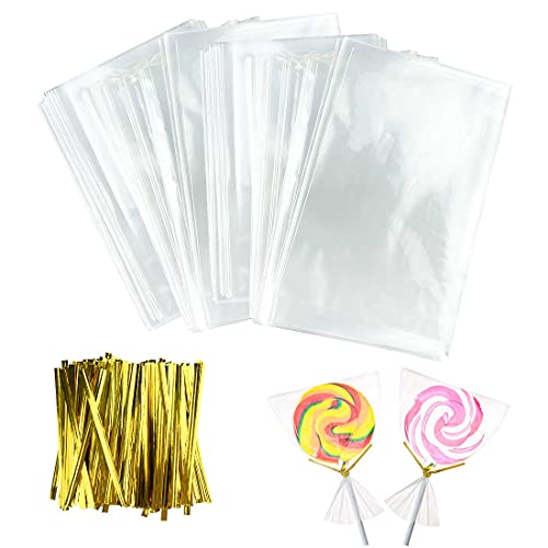 Cellophantüten Klein, Cake Pop Tüten, 200 Stück Klein Cellophantüten 10 x 15 cm Kekstüten Transparent Kekstüten Klein, Plätzchentüten mit Metallischen Bindebaender,Tüten für Süßigkeiten von Jesdavan