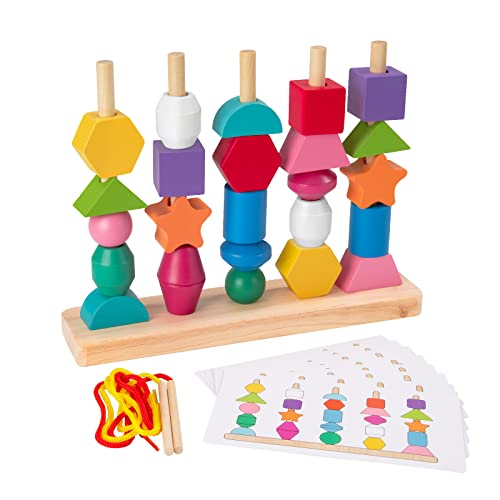 Jesustree Holz Sortier und Stapelspielzeug, 2-in-1 Montessori Fädelspiel Steckspiel, Sortierspiel mit Karten Holzperlen Motorikspielzeug für Kinder ab 3 4 5 Jahr Form Passender Puzzle-Stapler von Jesustree