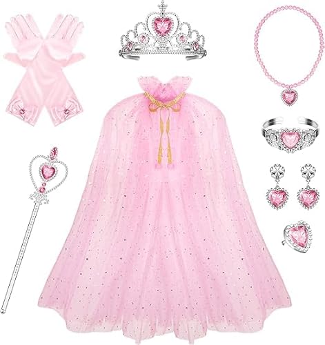 Umhang für Kinder Prinzessin Kostüm mit Krone, Zauberstab, Handschuhe, Halskette, Ring, Ohrringe, Armband Glitzer Pailletten Cape für Mädchen Halloween Geburtstag Karneval Cosplay Party(Pink) von Jesustree