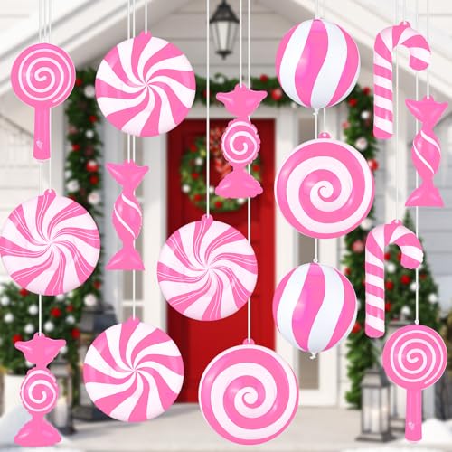 Jetec Aufblasbare Weihnachtsdekoration, 22,9 cm, hängende Süßigkeiten, Lebkuchen, Outdoor-Dekoration, aufblasbar, PVC-Kugeln für Weihnachtsfeier, Dekoration (Rot und Rosa), 16 Stück von Jetec